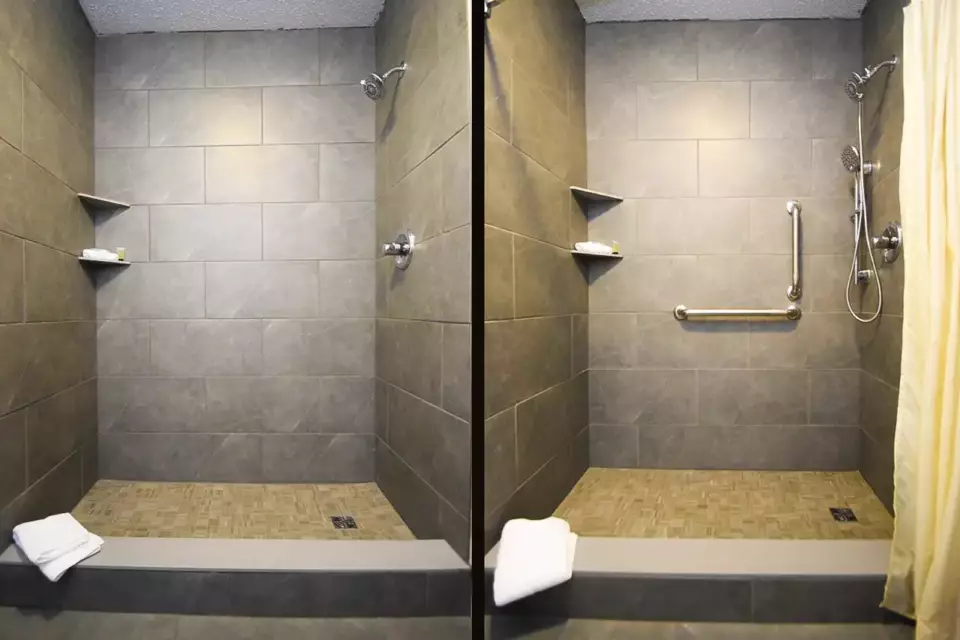 Beautiful and large tiled showers.